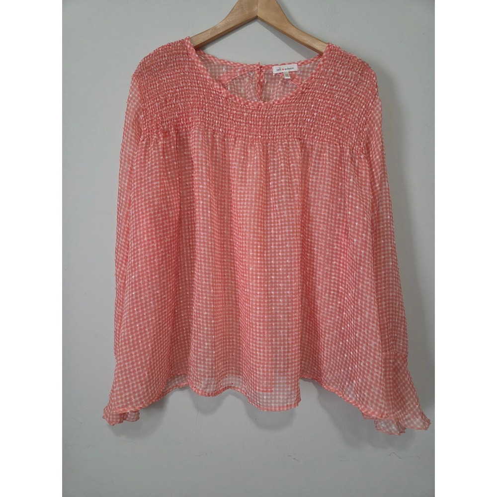 Self Esteem Womens 3X Coral Gingham Clip Dot Smocked Blouse‎ Long Sleeve Top